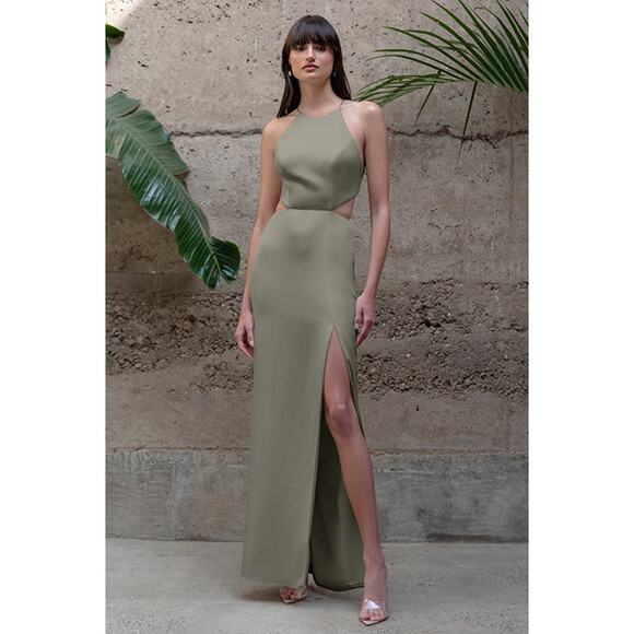 JENNY YOO 'Kendra' Satin Gown in Moss Sage Green NWT US 0 - Picture 1 of 13